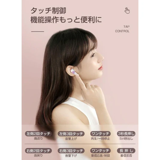 【ホワイト】ワイヤレスヘッドセット 完全ワイヤレス イヤホン ブルートゥース Bluetooth5.1 両耳通話可 ノイズキャンセル 高音質 重低音 ステレオサウンド タッチ操作