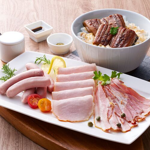 うなぎ蒲焼&三田屋総本家ハム詰合せ(うなぎ蒲焼×4、ロースハムスライス×1、スモークベーコン×1、白ウィンナー×1、サルティーチャーソーセージ×1) / 鰻 ハム ギフト