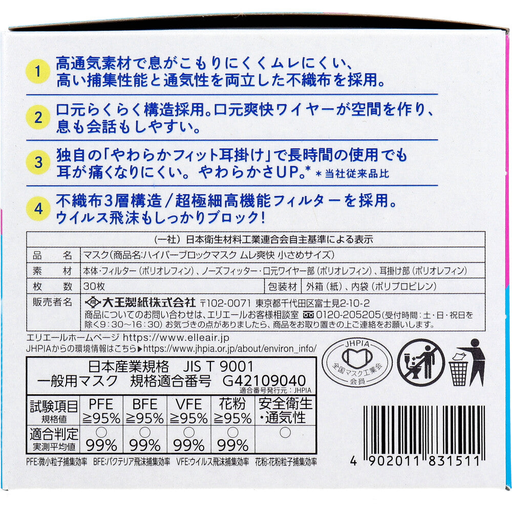 日本製不織布マスク エリエール ハイパーブロックマスク ムレ爽快 小さめイズ 30枚入りX3箱