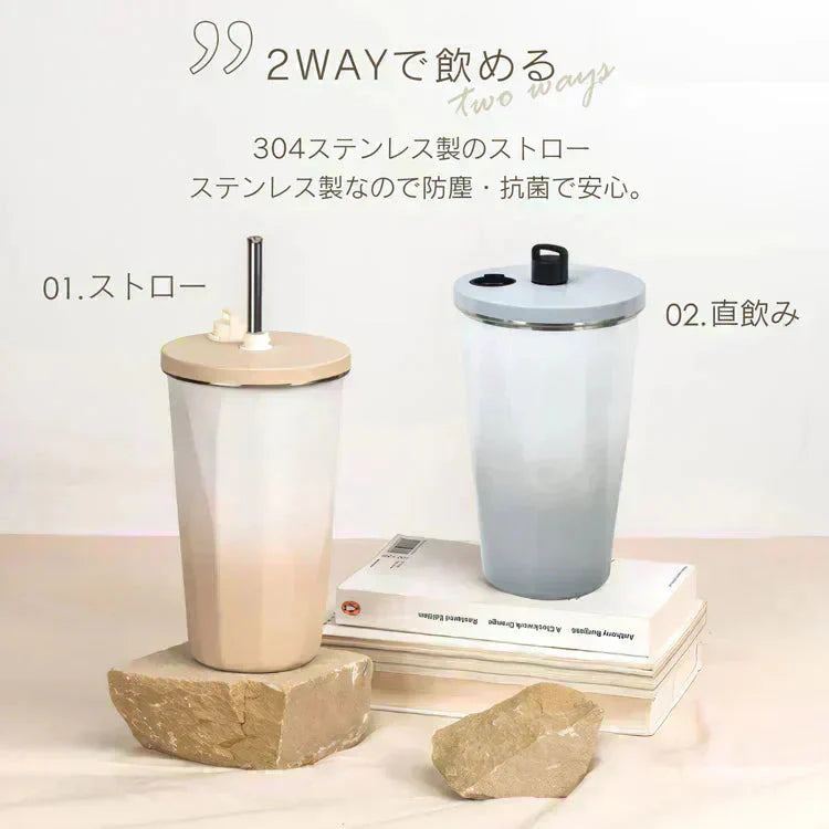 タンブラー 「グラデーション・グレー」 蓋付き ストロー付き 水筒 600ml 大容量 保温 保冷 こぼれない コーヒーボトル マグボトル ステンレス 真空断熱 持ち運び