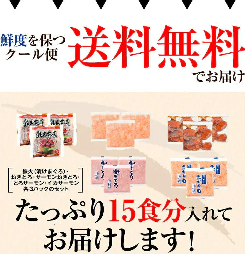 海鮮丼 15食 セット(マグロ漬け3p・ネギトロ3P+サーモンネギトロ3p+トロサーモン3p+イカサーモン3P)