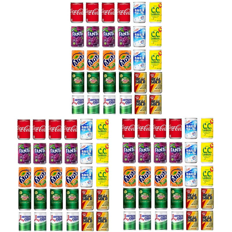 【3ケース】ミニ缶 炭酸飲料 カルピスウォーター 160ml 8種 合計90本 詰合せ セット 【コカコーラ ファンタグレープ ファンタオレンジ ジンジャエール 三ツ矢サイダー リアルゴールド CCレモン カルピスウォーター】