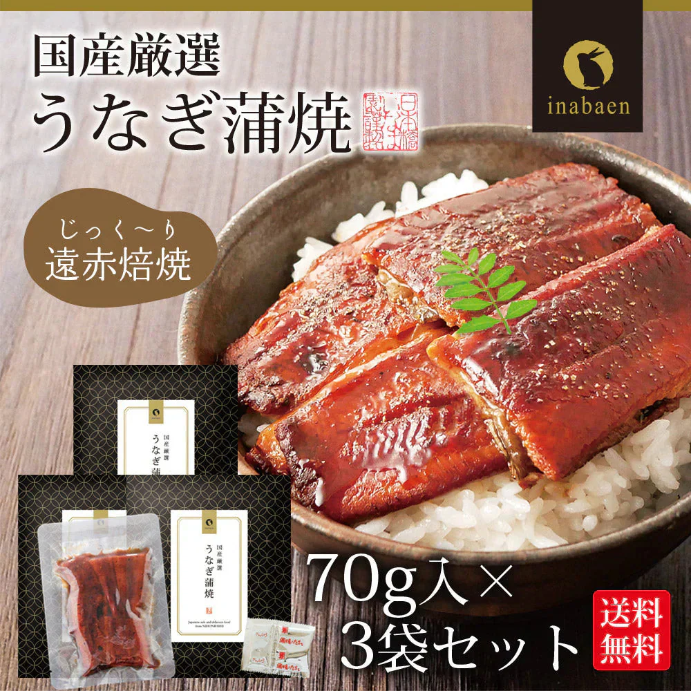 【3個セット】日本橋いなば園 国産うなぎ蒲焼 70g ネコポス メール便送料無料