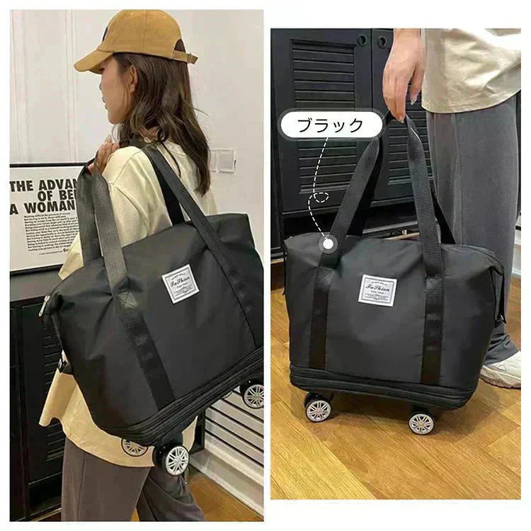 キャリーバッグ 「ネイビー」 旅行バック 2way 多機能 大きさ調節 4輪 横押し 折りたたみ 軽量 軽い 大容量 機内持ち込み ボストンバッグ おしゃれ 防水 撥水加工