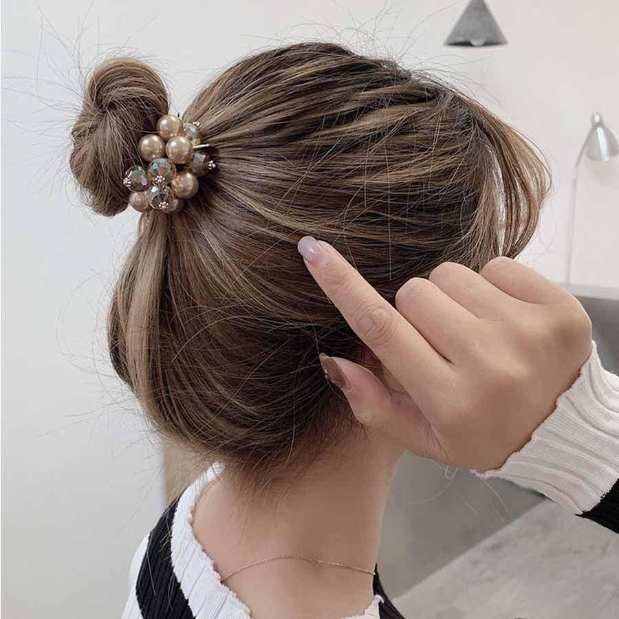 (ベージュ)ヘアゴム キラキラ パール おしゃれ ヘアアクセサリー リボン結び シンプル 髪留め