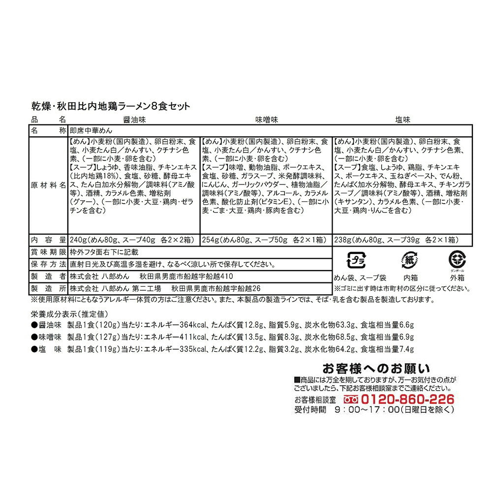 秋田比内地鶏ラーメン8食セット 醤油 味噌 塩【送料込み】