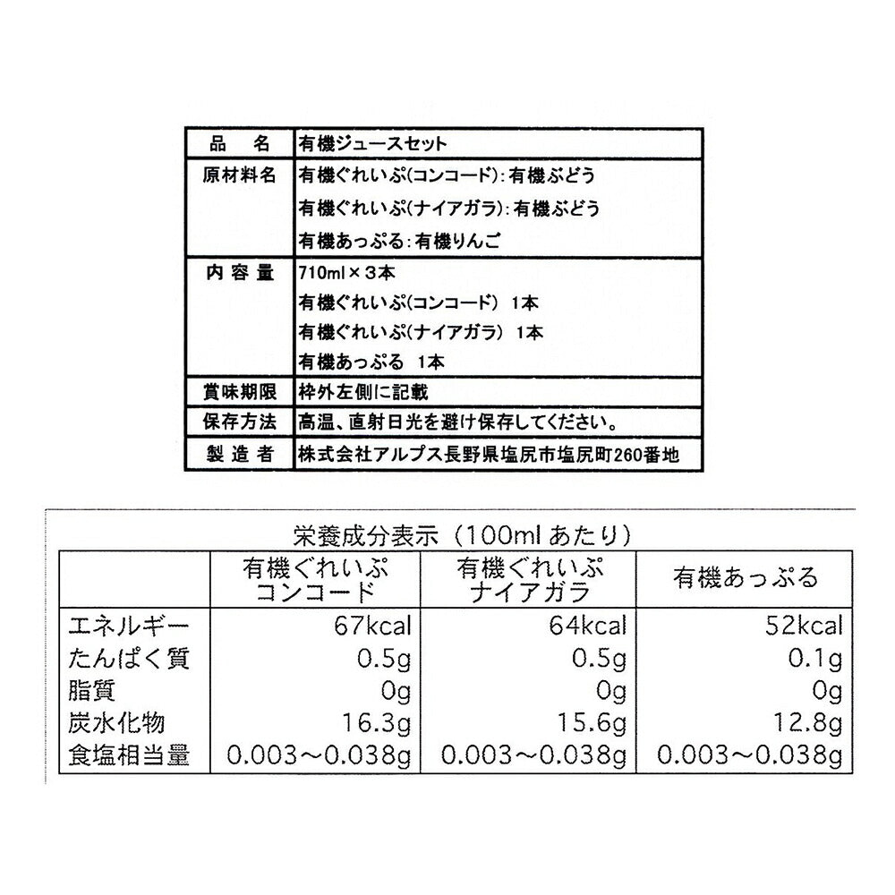 有機ジュースセット ぶどうコンコード りんご 各3本