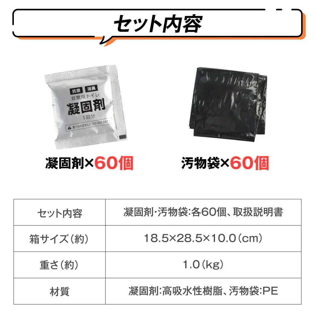 お手軽非常用トイレ60回分 1組 簡易トイレ 防災グッズ 防災セット 汚物袋 凝固剤 アウトドア 介護用トイレ 携帯トイレ 災害 断水 コンパクト 長期保存 国華園