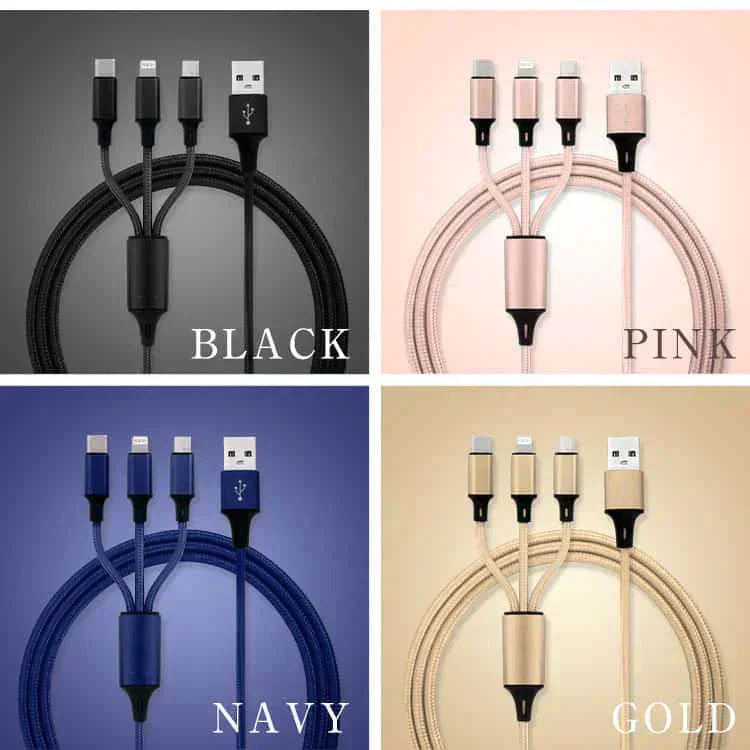 【3本セット】【ブルー】3in1 充電ケーブル USB iPhone Android 全7色 1.2m 超高耐久 断線防止 2.1A Type-C Lightning micro USB 急速充電 充電器 iPhone Android 充電ケーブル マルチ ライトニングケーブル タイプC アンドロイド アイフォン