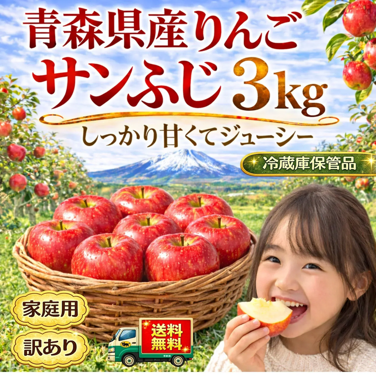 返金保証!スマートフレッシュ!青森県産 りんご サンふじ 訳あり(ご家庭用)3kg 7-13玉 送料無料!