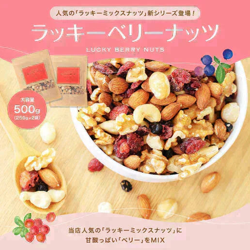 500g 2種のベリー入りミックスナッツ『ラッキーベリーナッツ 』 (250g×2)無塩 ナッツ くるみ カシューナッツ アーモンド クランベリー ワイルドブルーベリー 送料無料