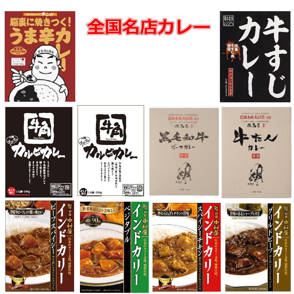 全国名店 レトルトカレー 中村屋 牛角 但馬屋 神戸ハイカラ食堂本舗 8食セット カレー 三昧 即食 時短食 レトルト