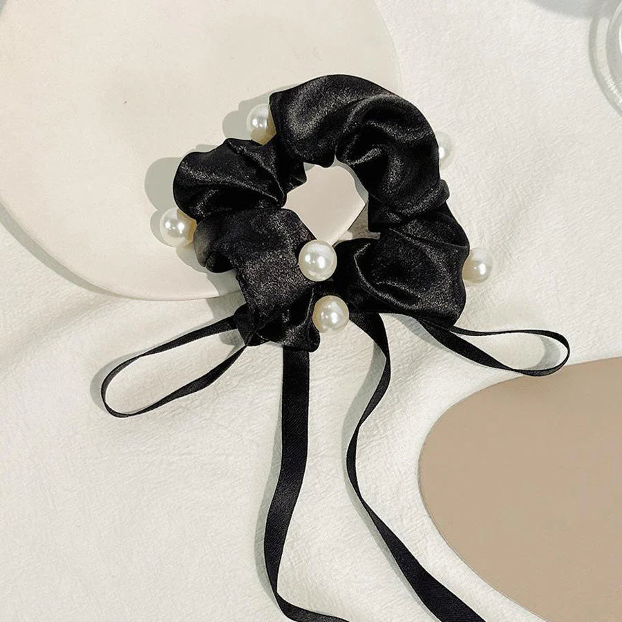 (ブラック)ヘアゴム リボンシュシュ パール高級感 ヘアアクセサリー 髪留め ヘアアレンジ お呼ばれ 髪飾り キュート お団子髪飾り