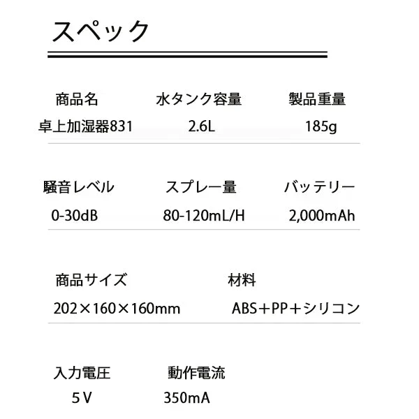 【ホワイト】加湿器 オフィス 卓上 大容量 超音波 充電式 2.6L