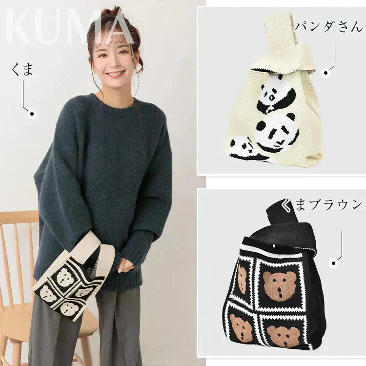 クマ柄 SNS大人気 ニットマルシェバッグ レディース 小さめ ニットバッグ 韓国 ミニバッグ ハンドバッグ トートバッグ おしゃれ