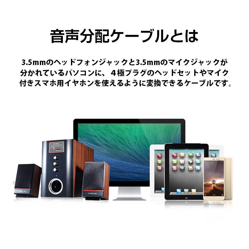 4極メス to 3極オス×2 3.5mm 変換ケーブル パソコン スマホ 分配 マイク イヤホン ヘッドホン音声出力 ヘッドセット ステレオ ジャック プラグ コネクタ