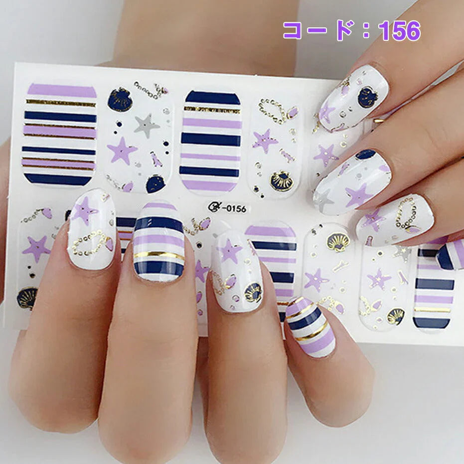 ネイルシール ハンド用 パープル系 紫 グレー ホワイト クリア キラキラ お洒落 大人しい 淑女 韓国風 最新作 3D 貼るだけ 花 しま ストーン柄 手指爪用