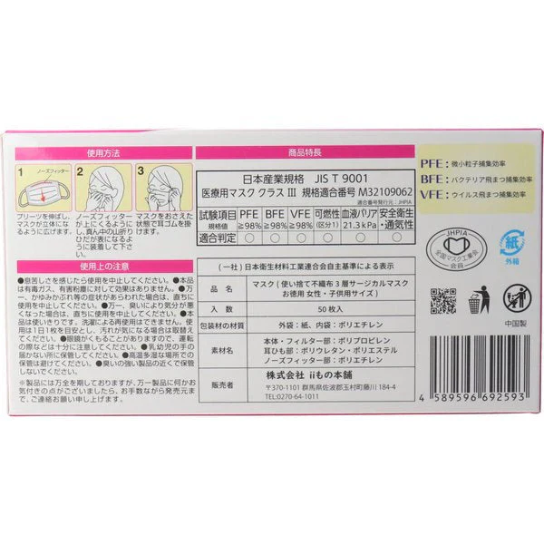 使い捨て不織布マスク iiもの本舗 三層サージカルマスク お徳用タイプ 女性/子供用 50枚入りX5箱