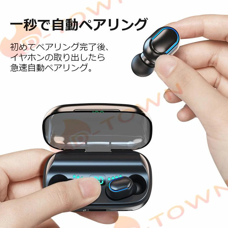 ブルートゥースイヤホン Bluetooth 5.0 ヘッドホン 両耳 高音質 タッチタイプ 完全ワイヤレス 耳掛け式 自動ペアリング IPX7防水 LED残電表示 s058B(ホワイト)