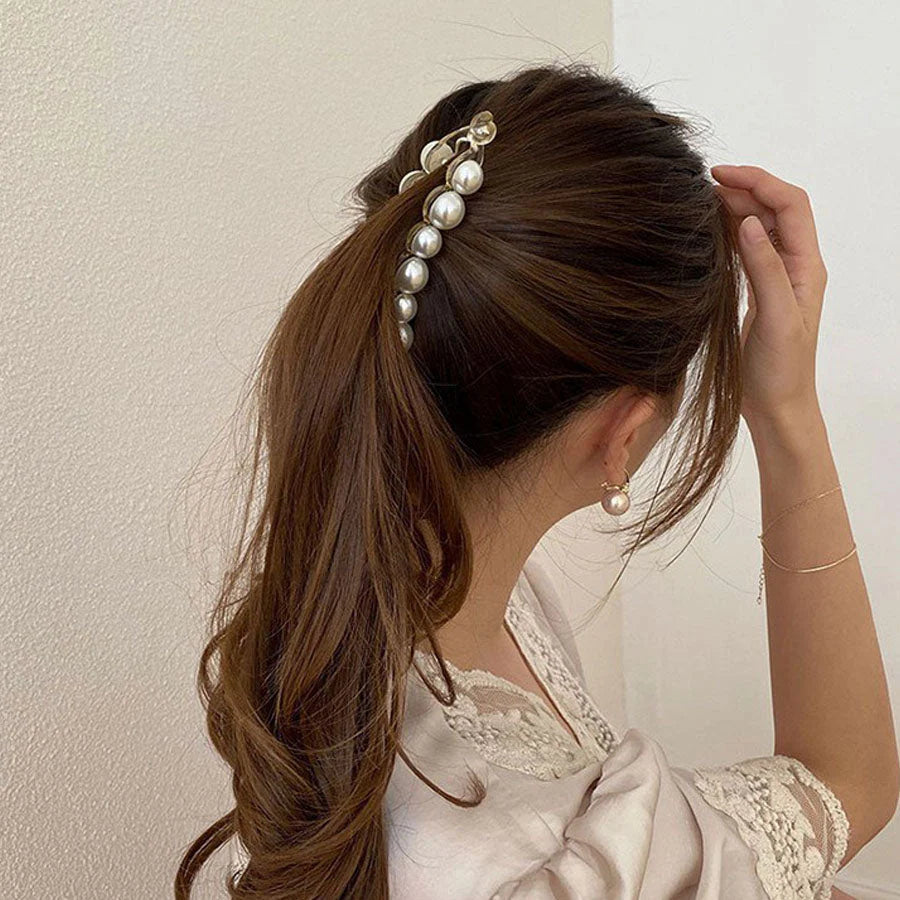(ブラック)バナナクリップ ヘアクリップ 大きめ パール ヘアアクセサリー 髪留め 結婚式 パーティ シンプル 大人かわいい
