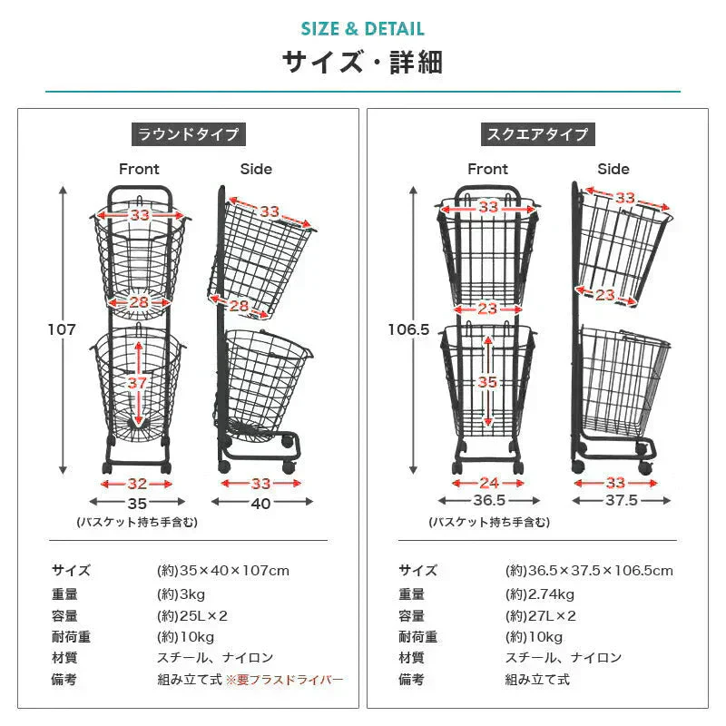 【ホワイト】【ラウンド型】【2段】ランドリーバスケット 2段 50L スリム キャスター 大容量 脱着可能 バスケット ランドリーラック 洗濯物入れ かご 洗濯かご 洗濯物 脱衣かご ワイヤー ランドリー収納 ランドリーボックス 収納 スリム 省スペース おしゃれ