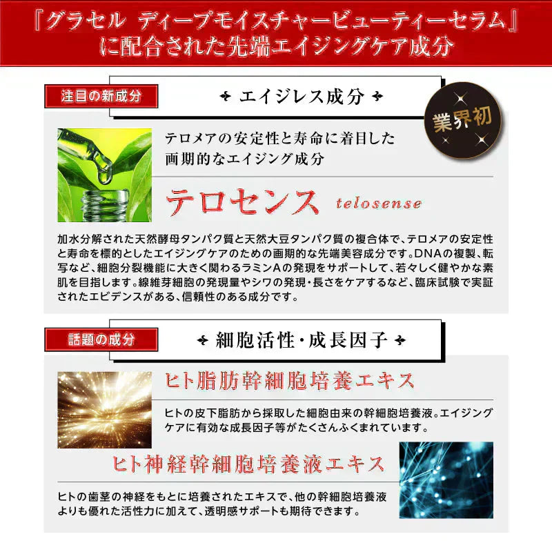 『グラセル ディープモイスチャー ビューティーセラム(単品)』ヒト幹細胞 人幹細胞 テロメア シワ シミ たるみ ハリ テロセンス ヒト脂肪幹細胞 人脂肪幹細胞 グロースファクター