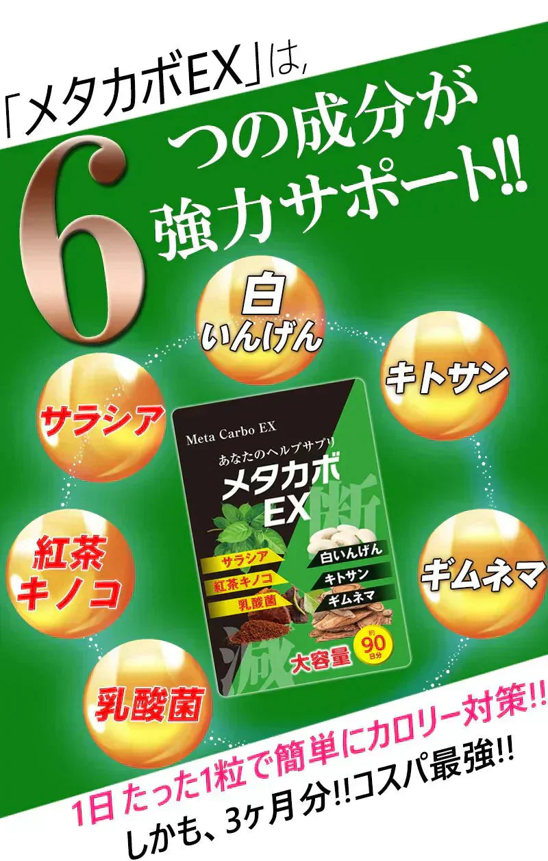 【お得3ヶ月分!メタカボEX】 食欲 メタボ 炭水化物 糖質 脂肪 ダイエット サプリメント 国内生産 サラシア 白いんげん豆 キトサン 乳酸菌 コンブ茶 ギムネマ 炭 糖 脂 3ヶ月分 日本製 1日1粒でお腹の中からスッキリ 炭水化物制限 炭水化物カット 糖質カット 脂質カット 糖質制限 制限ダイエット ケトジェニック カロリーコントロール カロリーメイト カロリミット カロリーサプリ おすすめ 人気 ランキング 効果 強力 最強 通販 日本製 国産