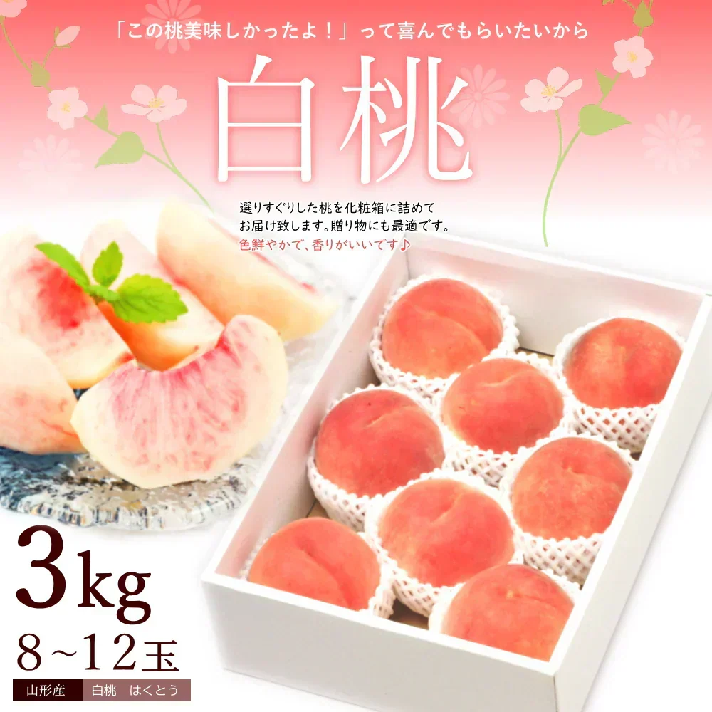 【8月中旬頃-9月中旬頃ご注文受付順次】白桃 約3kg 8-12玉前後 もも モモ 桃 ピーチ 山形産 お中元 ギフト 贈答