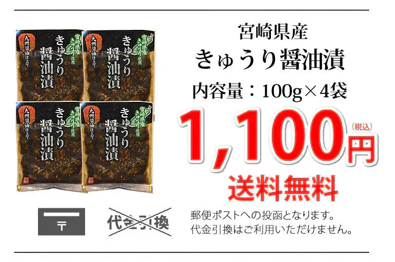 漬物 きゅうり醤油漬 無添加 400g(100g×4袋) 送料無料 九州醤油仕立て ポッキリ お試し 宮崎県産 お取り寄せ きゅうり つけもの【プチプラ特集】