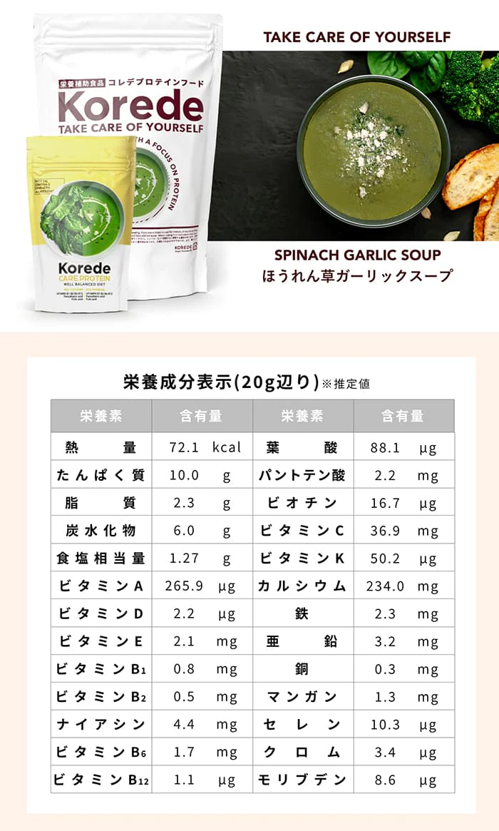 医師共同開発 たんぱく質10g プロテインスープ100g Korede(コレデ) ほうれん草ガーリックスープ