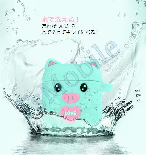 airpods1/2 グレー ピッグキャラクター 可愛い豚 エアーポッズ カバー シリコンエアポッツ 1/2 ケース かわいい キズ防止 耐衝撃 保護 紛失防止 4色カラビナ付き