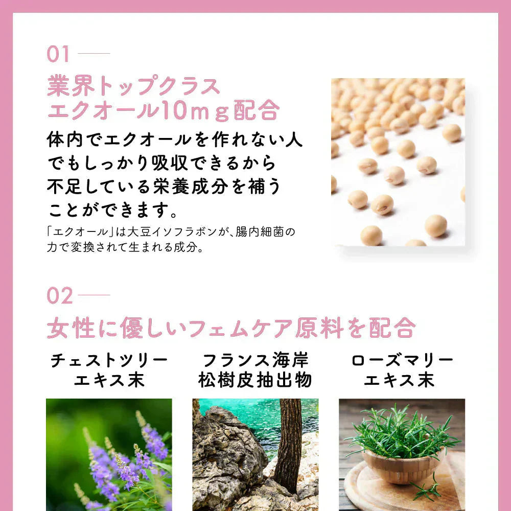 \1カプセル10mg配合/エクオール フェムケア《約1ヶ月分》 栄養機能食品 国内製造 大豆イソフラボン サプリ フェムケア チェストツリー