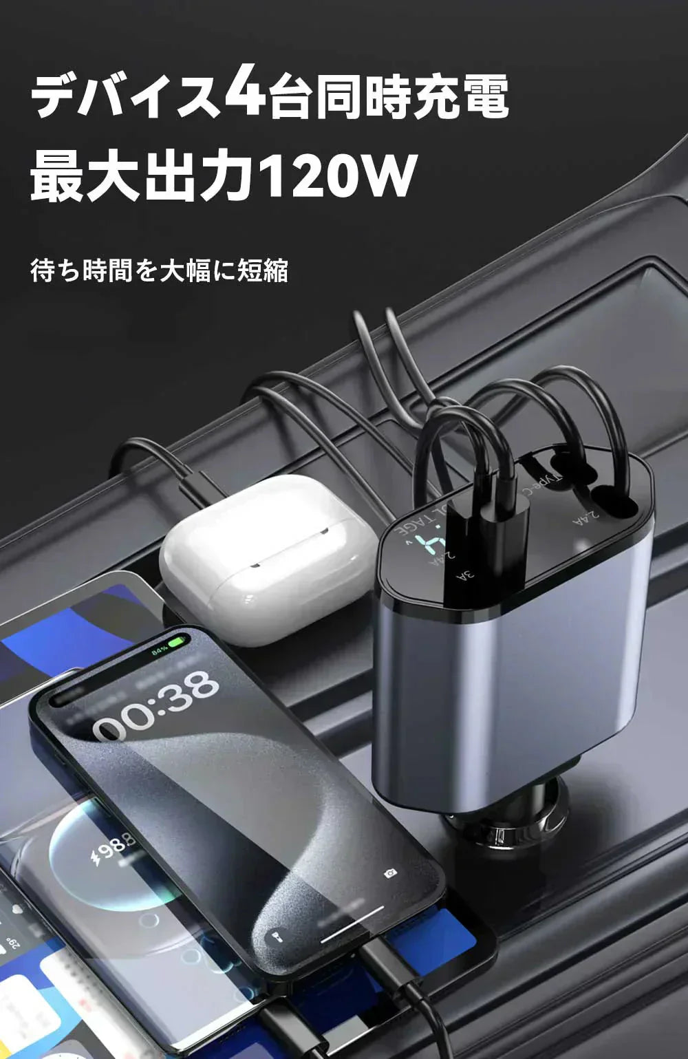 【移動中も電池切れの心配なし!】シガーソケット 延長 充電器 巻き取り リール式 4in1 車 USB Type-C Lightning 急速充電 4ポート カーチャージャー 4台同時に充電 iPhone 15 14 巻き取り式 12V車 24V車 Apple Android USBポート付 リールタイプ 後部座席 車載充電器 電圧計