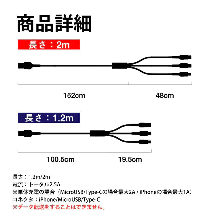 【 LED付充電ケーブル 1.2m 】 iOS Micro USB Type-C 3in1 ケーブル ライトニングケーブル microusb スマホ 充電ケーブル Android Xperia AQUOS Galaxy 充電 充電器 充電コード usbケーブル アンドロイド タイプc アイフォン 断線防止 マイクロusb lightning マルチ