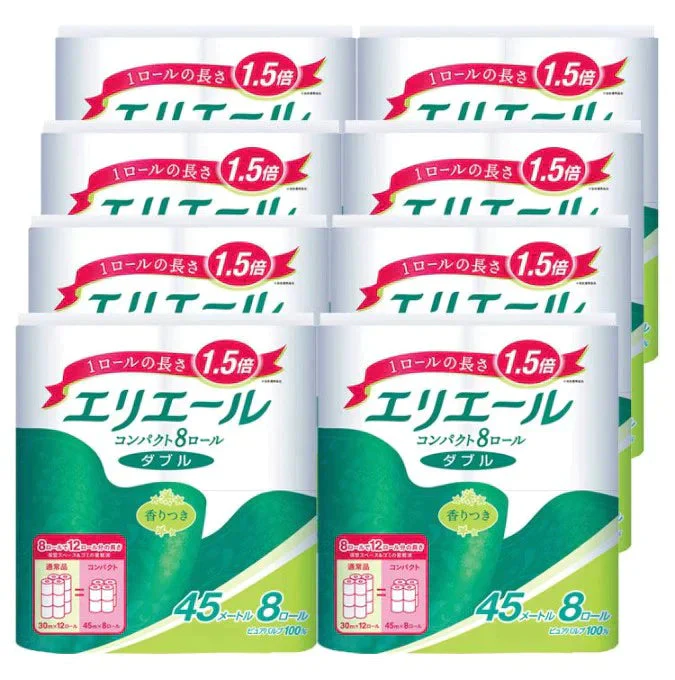 【カートアップNG】【64ロール】大王製紙 エリエール トイレットペーパー 1.5倍巻き パルプ100% リラックス感のある香り 45mダブル 8ロール×8個セット