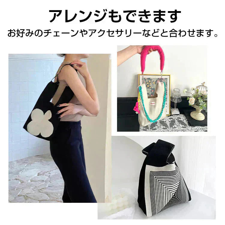 クマ柄 SNS大人気 ニットマルシェバッグ レディース 小さめ ニットバッグ 韓国 ミニバッグ ハンドバッグ トートバッグ おしゃれ