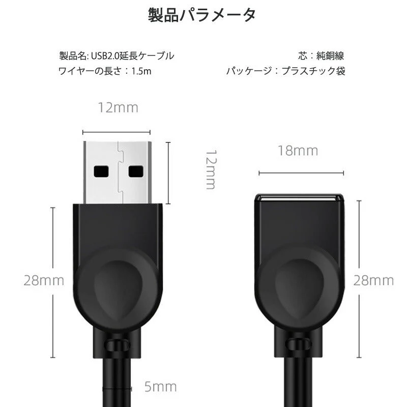 USB延長ケーブル 1.5m USB2.0 延長コード1.5メートル USBオスtoメス 充電 データ転送 パソコン テレビ USBハブ カードリーダー ディスクドライバー 対応