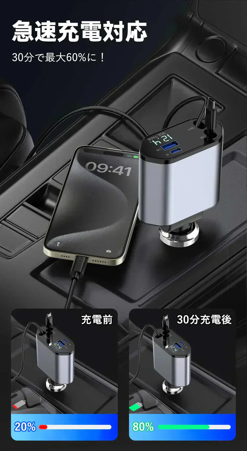 【移動中も電池切れの心配なし!】シガーソケット 延長 充電器 巻き取り リール式 4in1 車 USB Type-C Lightning 急速充電 4ポート カーチャージャー 4台同時に充電 iPhone 15 14 巻き取り式 12V車 24V車 Apple Android USBポート付 リールタイプ 後部座席 車載充電器 電圧計