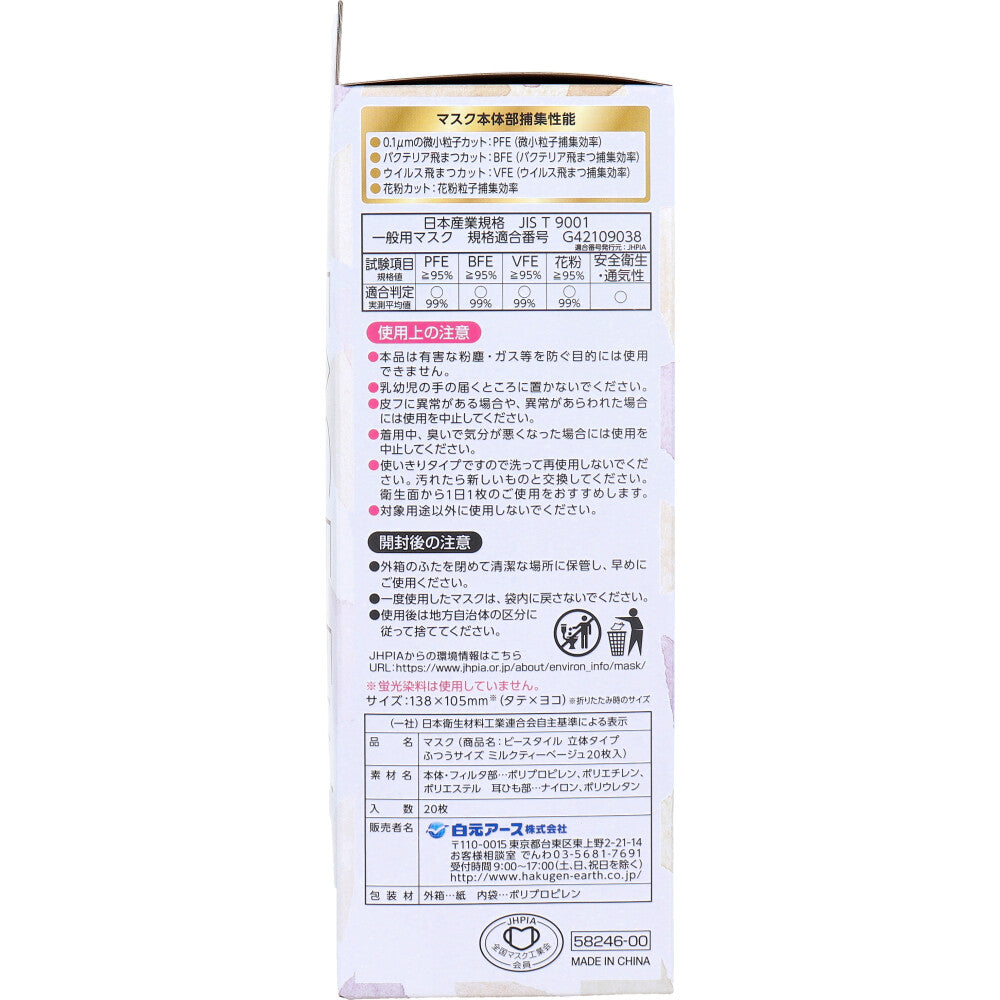 白元アース ビースタイル フェイスフィットマスク 立体タイプ ミルクティーベージュ ふつうサイズ 20枚入り X4箱