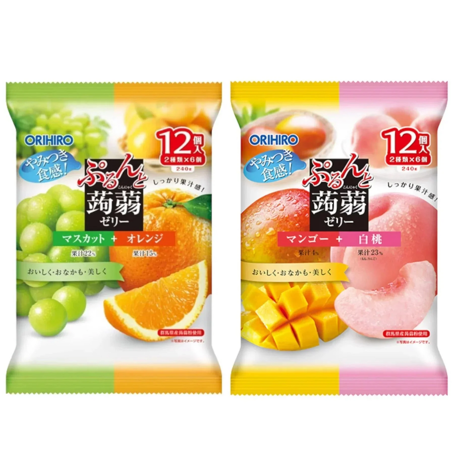 めちゃめちゃ果物感!オリヒロ ぷるんと蒟蒻ゼリー マスカット+オレンジ 12個 / マンゴー+白桃 12個 こんにゃくゼリー ゼリー 蒟蒻(食品MO/MH)※