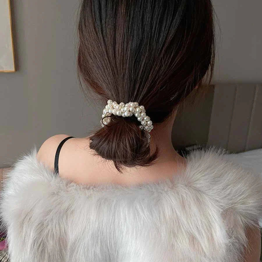 ヘアゴム パール バブル シンプ ブレスレット ビーズ ヘア留め ヘアアクセサリー 髪飾りキャメル 上品 パーティー飾り