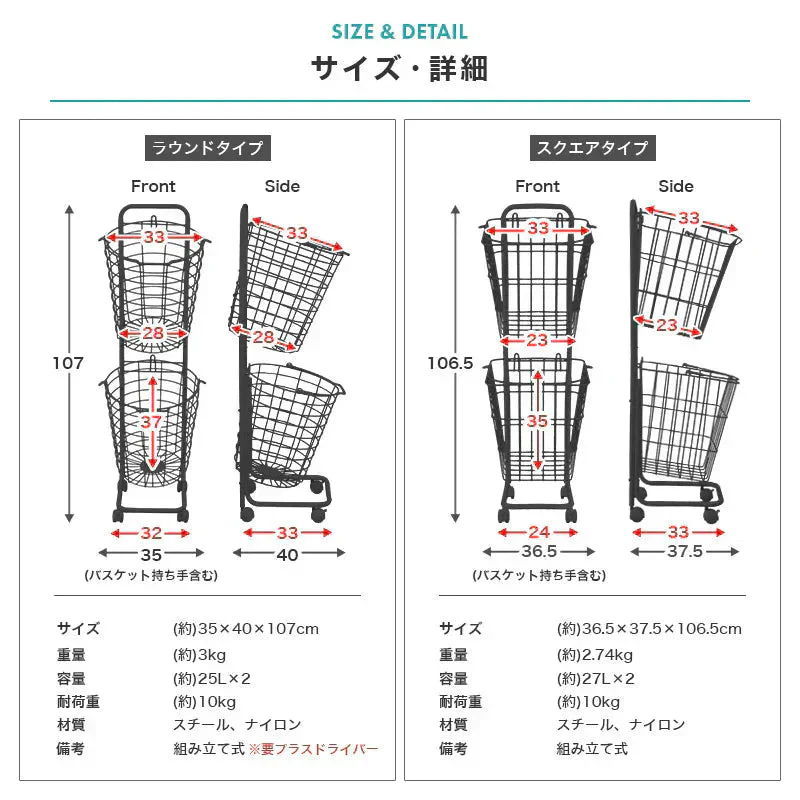 【ホワイト】【スクエア型】【2段】ランドリーバスケット 2段 50L スリム キャスター 大容量 脱着可能 バスケット ランドリーラック 洗濯物入れ かご 洗濯かご 洗濯物 脱衣かご ワイヤー ランドリー収納 ランドリーボックス 収納 スリム 省スペース おしゃれ
