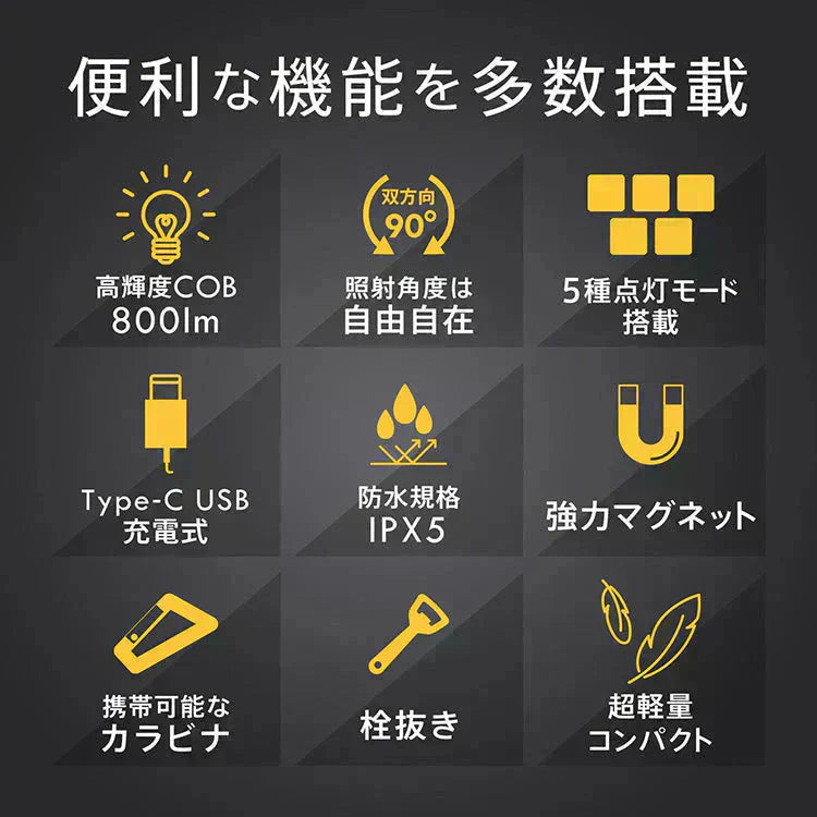 LEDライト 投光器 高輝度 最強 小型 屋外 防水 投光ライト USB充電式 作業灯 ミニ カラビナ 軽量 COB 釣り アウトドア キャンプ 登山 防災