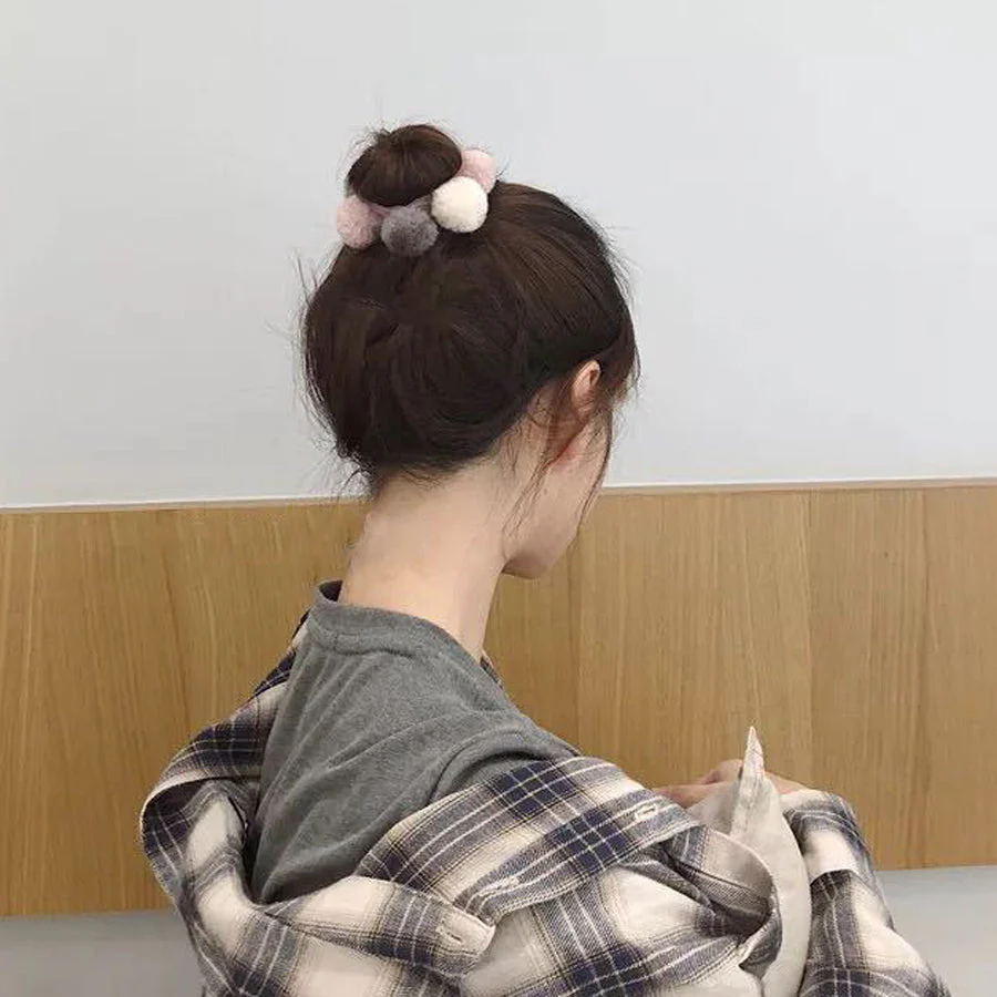 (ブラックグレー)ファー シュシュ ヘアゴム リングゴム 金具なし 職場 ヘアアクセサリー 大人 子供 髪留め