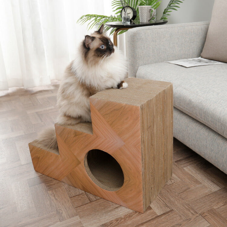 (ブラウン)爪とぎ 猫 段ボール 階段型 ペットステップ つめとぎ キャットハウス マタタビ付き 爪とぎハウス 木目調 ナチュラル シンプル おしゃれ インテリア 爪研ぎ ダンボール かわいい ユニーク あそべる【送料無料】