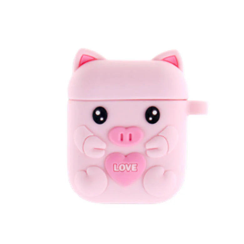 airpods1/2 グレー ピッグキャラクター 可愛い豚 エアーポッズ カバー シリコンエアポッツ 1/2 ケース かわいい キズ防止 耐衝撃 保護 紛失防止 4色カラビナ付き