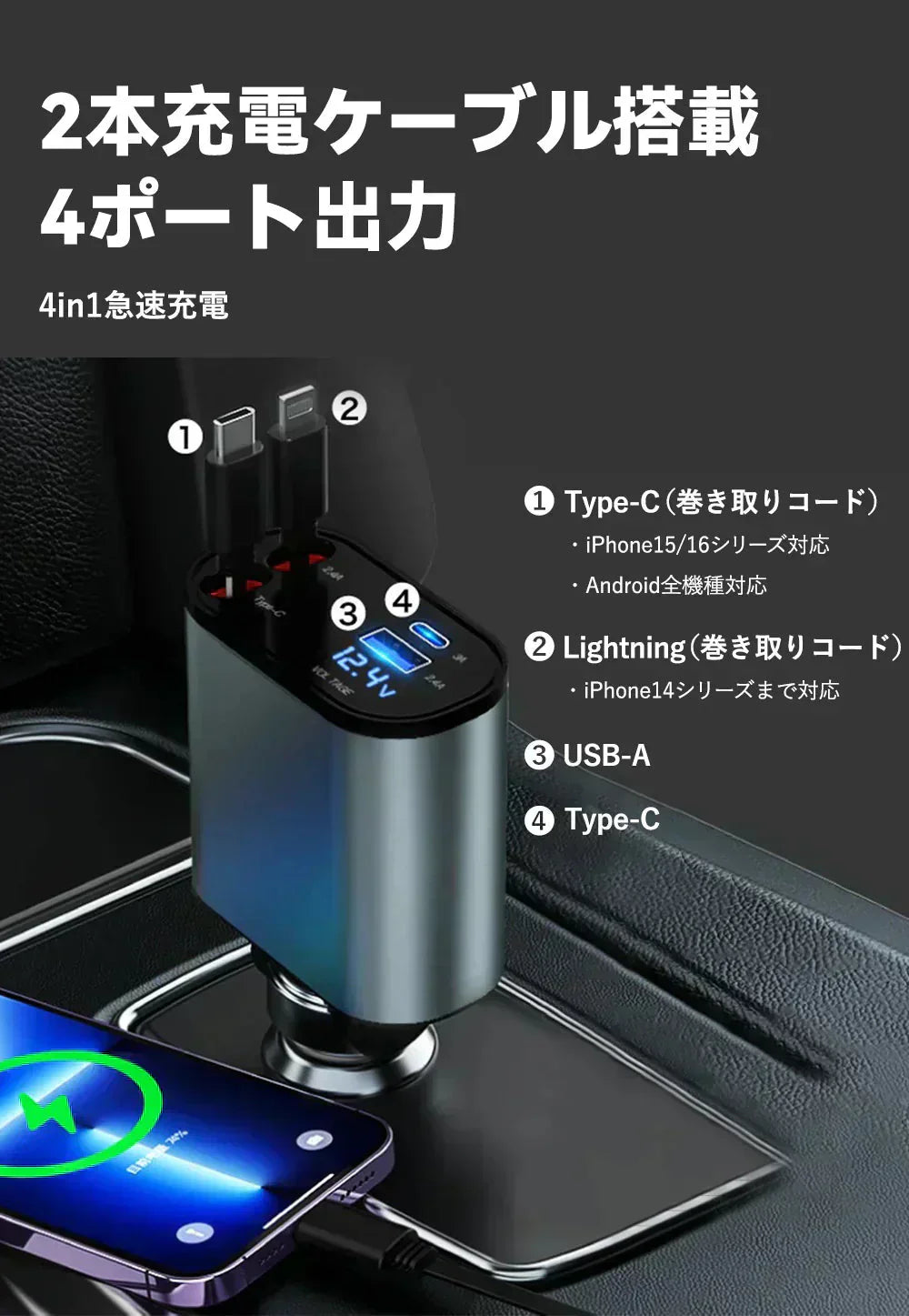 【移動中も電池切れの心配なし!】シガーソケット 延長 充電器 巻き取り リール式 4in1 車 USB Type-C Lightning 急速充電 4ポート カーチャージャー 4台同時に充電 iPhone 15 14 巻き取り式 12V車 24V車 Apple Android USBポート付 リールタイプ 後部座席 車載充電器 電圧計