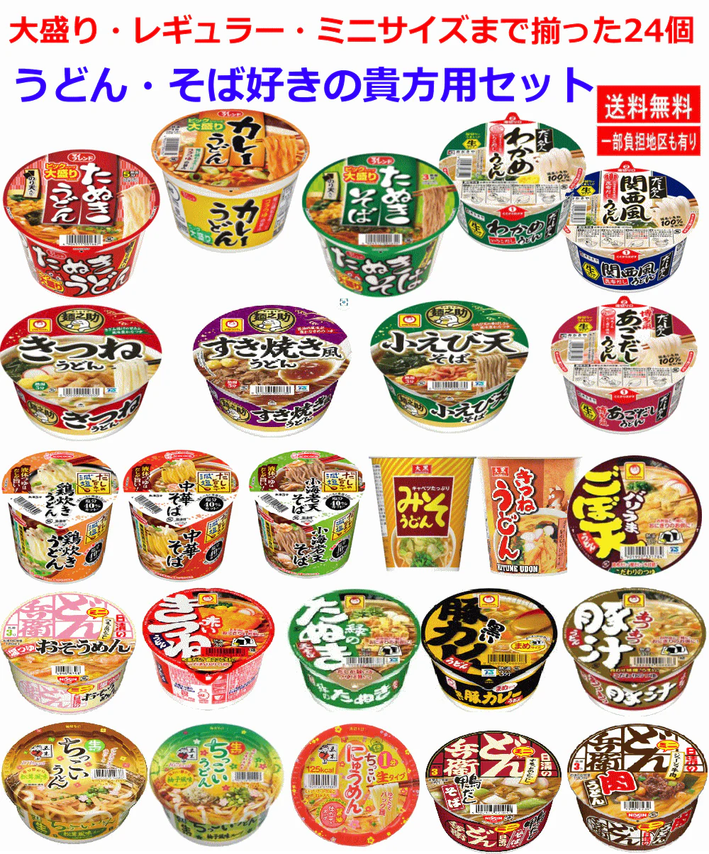 【うどん、そば大好きセット】 大盛りサイズから ミニサイズ レギュラーサイズ まで揃えた うどん そば 24個 関東圏送料無料