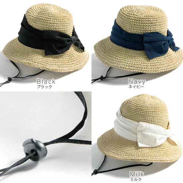 【フリー-ネイビー】【商品名:紐付き手編みストローHAT】