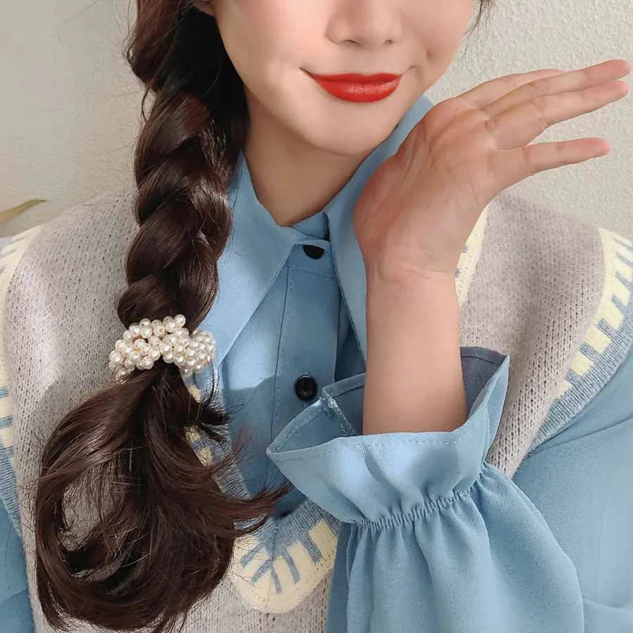 ヘアゴム パール バブル シンプ ブレスレット ビーズ ヘア留め ヘアアクセサリー 髪飾りキャメル 上品 パーティー飾り